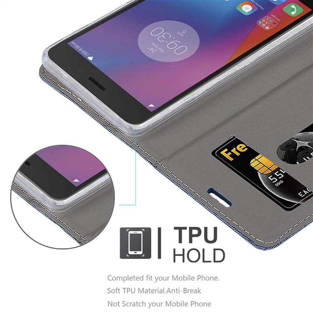 Ein Handy im grauen Lederetui mit Kartenfach und Uhrzeit 09:30.