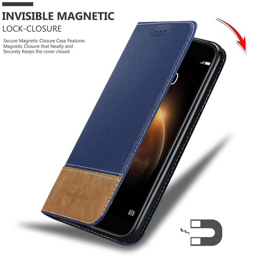 Custodia blu per telefono con accento marrone e chiusura magnetica.
