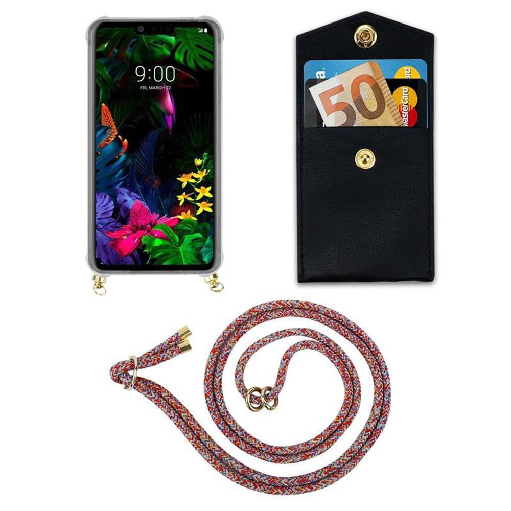 Smartphone mit buntem Band, schwarzer Tasche mit Geldscheinen und Karten.