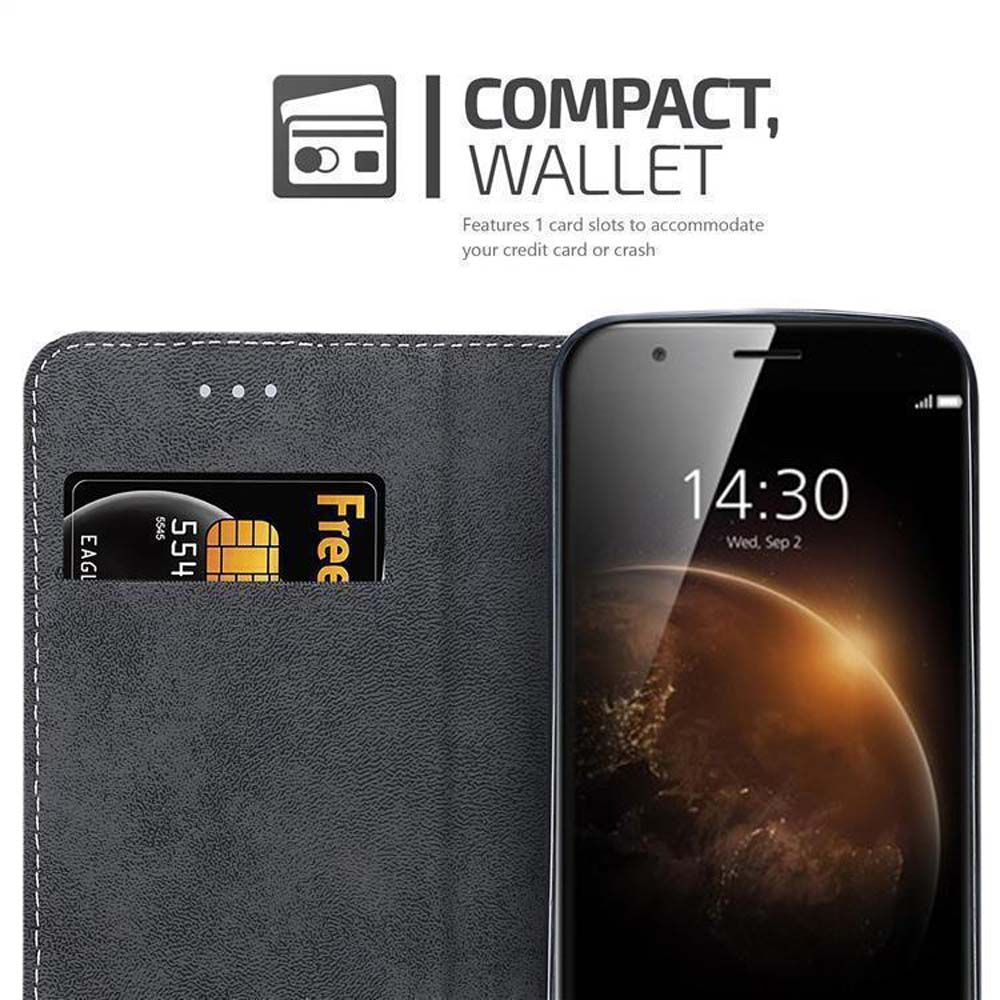 Portafoglio nero con slot per carte e smartphone che mostra le 14:30.