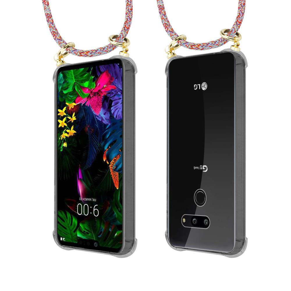 Zwei LG Smartphones mit bunten Tragebändern in einem transparenten Gehäuse.