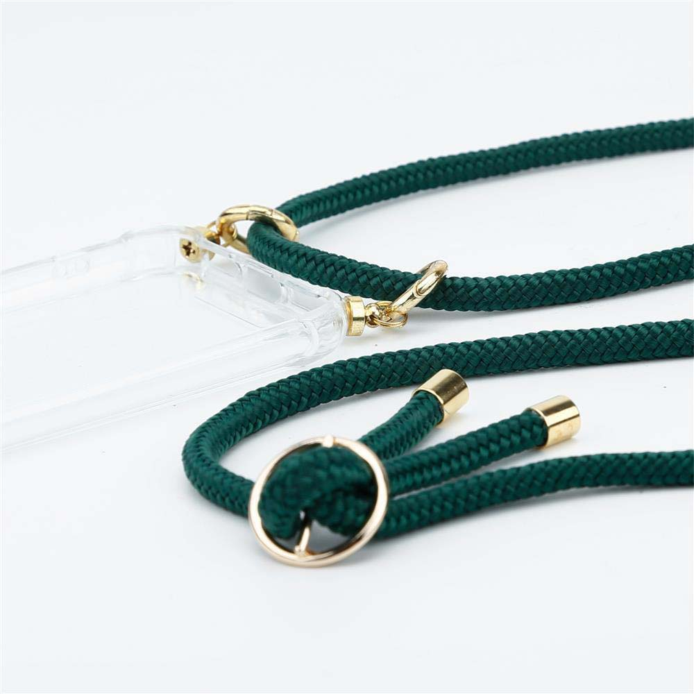 Custodia trasparente con cordino verde scuro e ferramenta dorata.