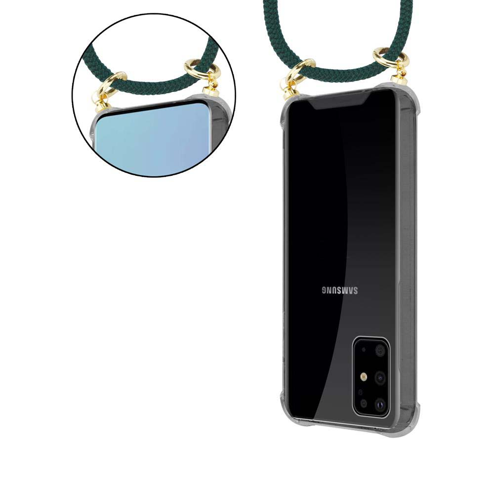 Custodia trasparente con cordino, mostra fotocamera e logo Samsung.