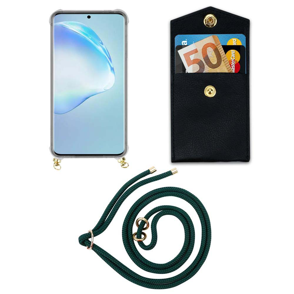 Uno smartphone in custodia, un portafoglio nero con carte e denaro, e un cordino verde.