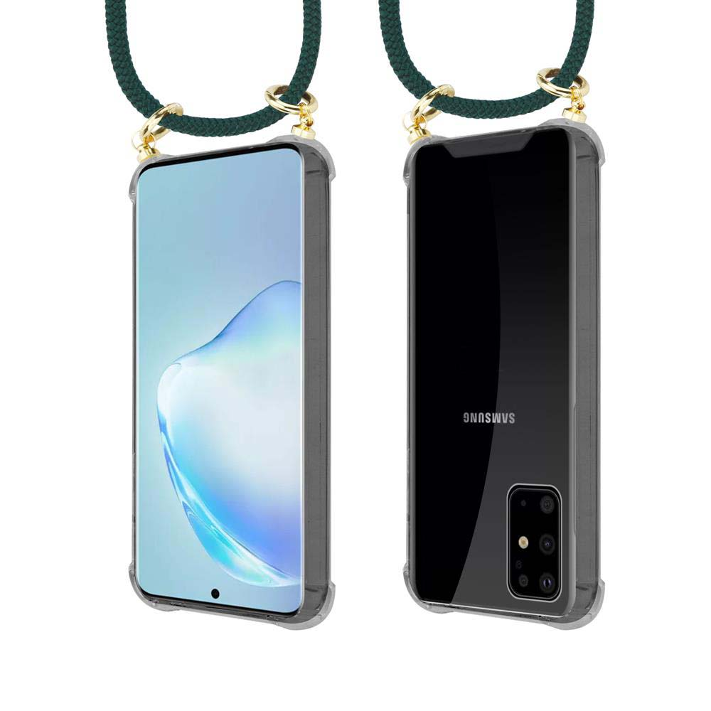 Uno smartphone in custodia trasparente con laccetto.