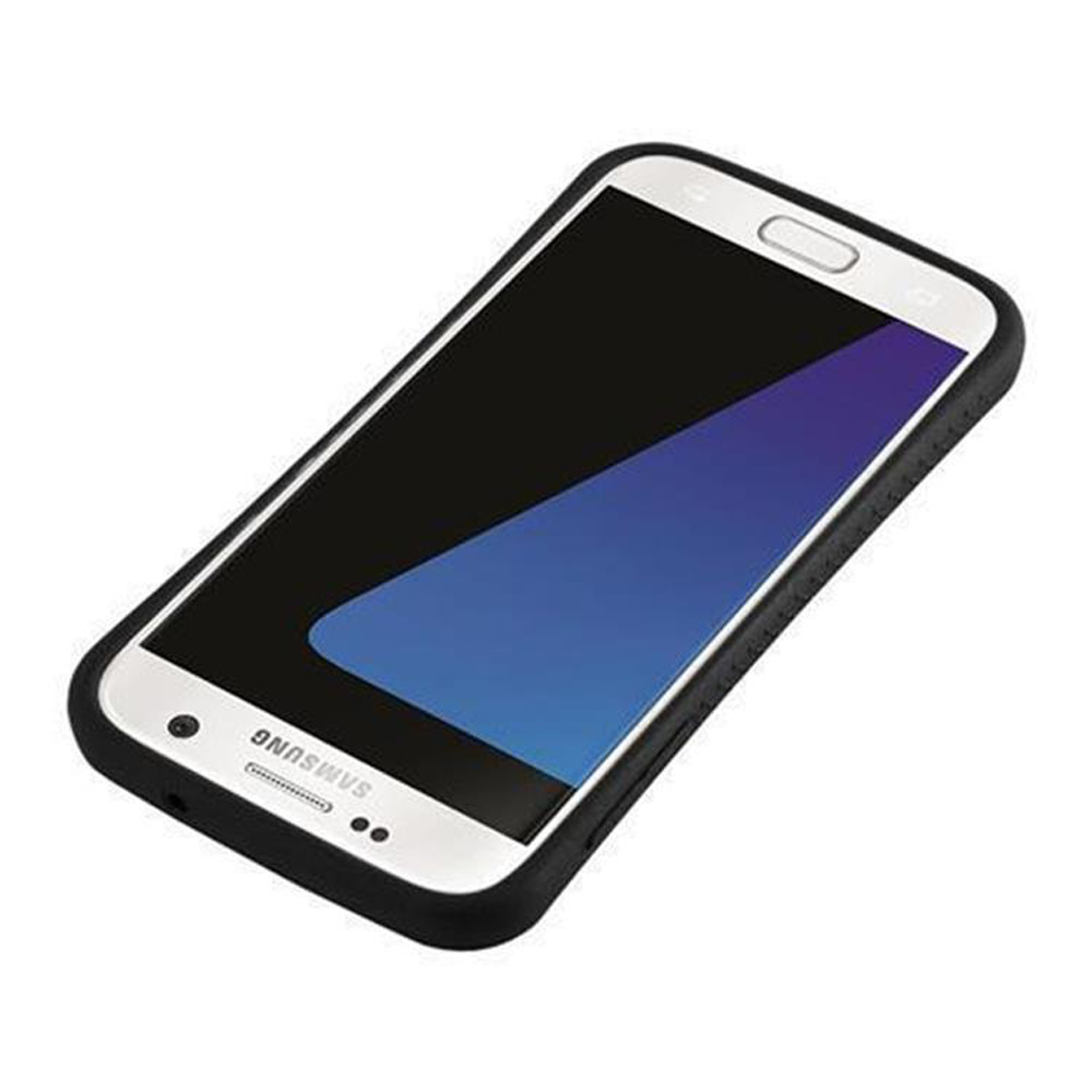 Una custodia protettiva nera su uno smartphone Samsung bianco con schermo blu.