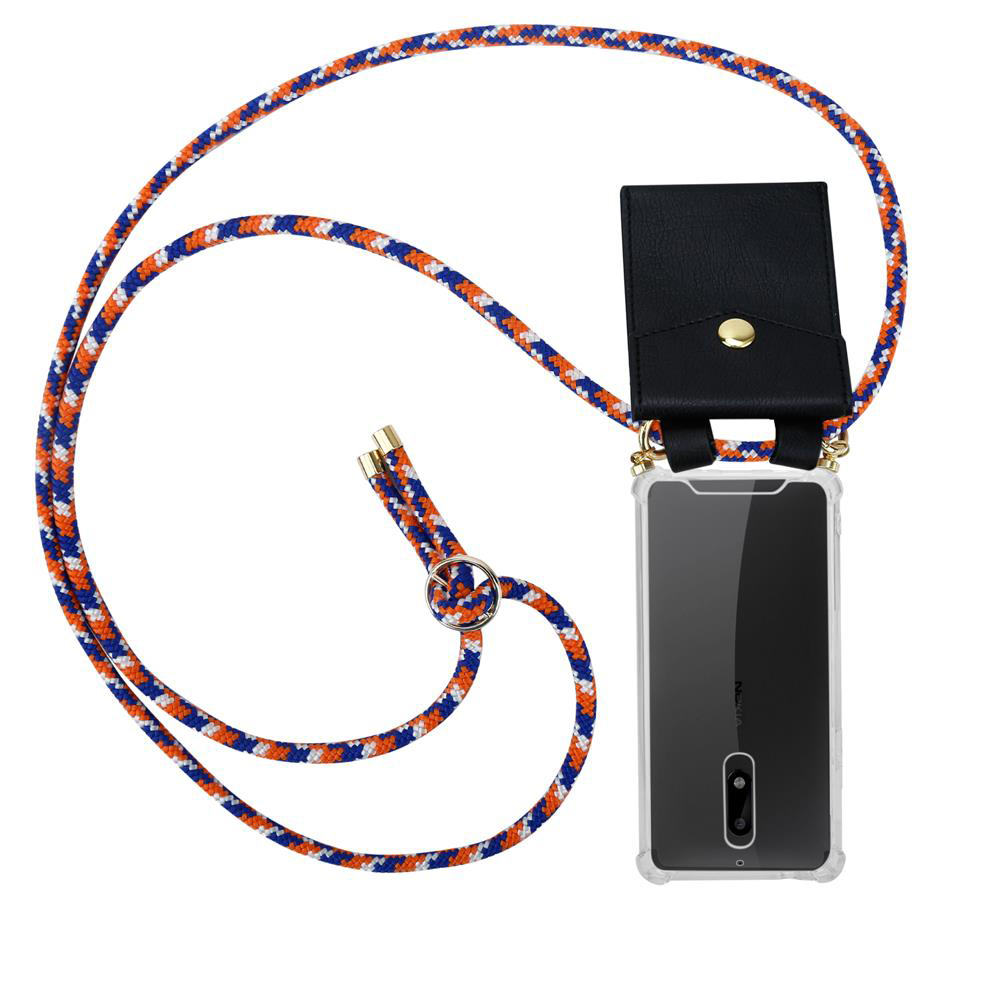 Transparente Hülle mit blau-orangefarbenem Band und schwarzer Tasche.