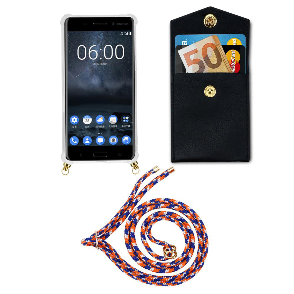 Nokia Handy mit schwarzer Tasche für Karten/Geld und Lanyard.