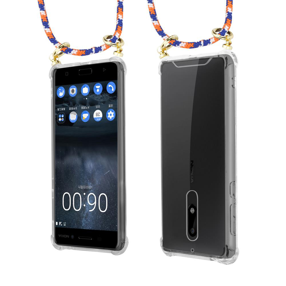 Zwei Smartphones in durchsichtigen Hüllen mit Lanyards. Eines zeigt den Startbildschirm.