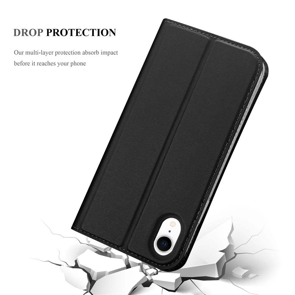 Custodia nera per telefono rompe terreno bianco. Testo "DROP PROTECTION".