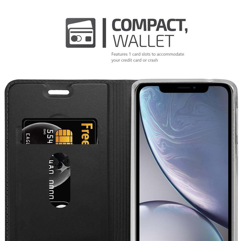 Portafoglio nero con slot per carte e uno smartphone.