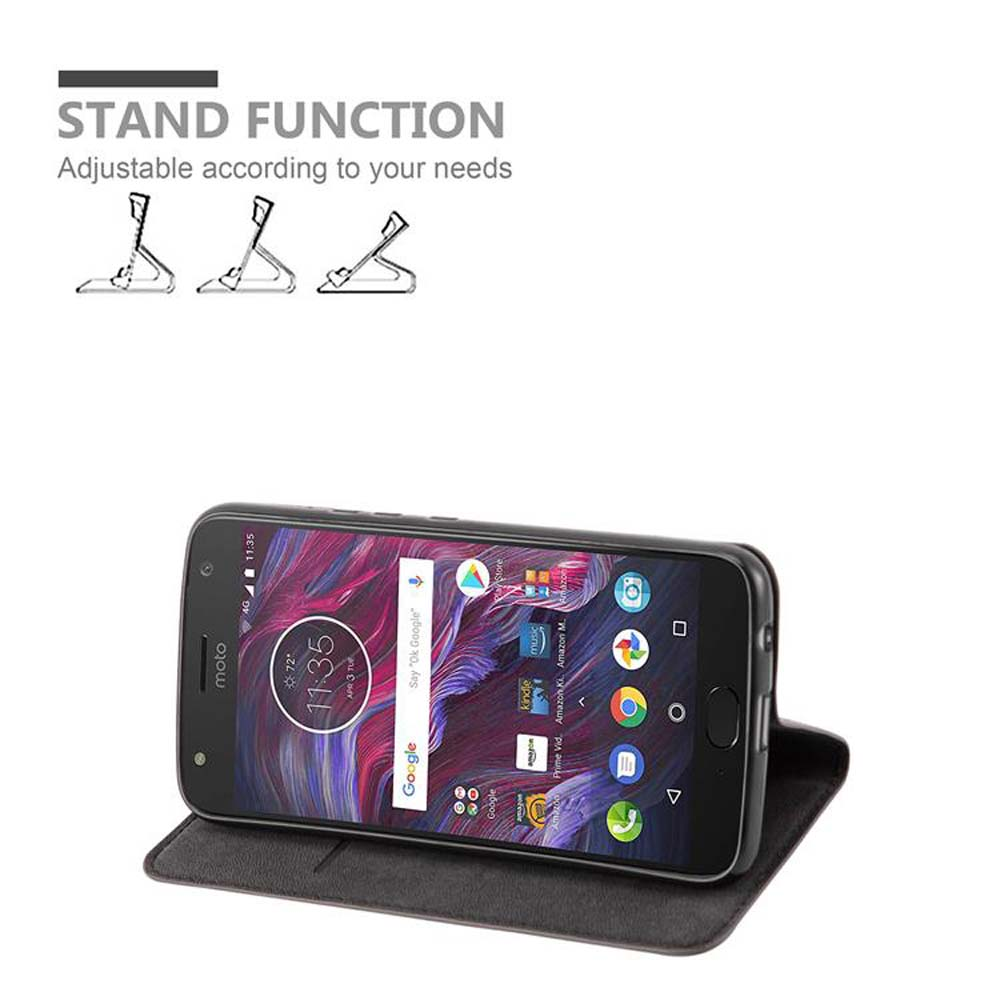 Ein schwarzes Smartphone in einer Hülle mit Standfunktion. Oben sind drei Schemata.