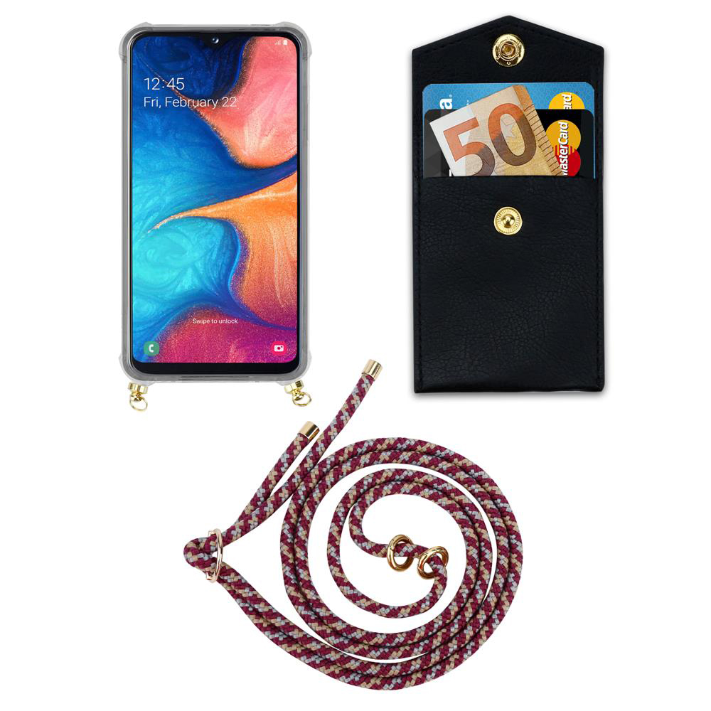 Smartphone in custodia, portafoglio con soldi e carta, e cordino.