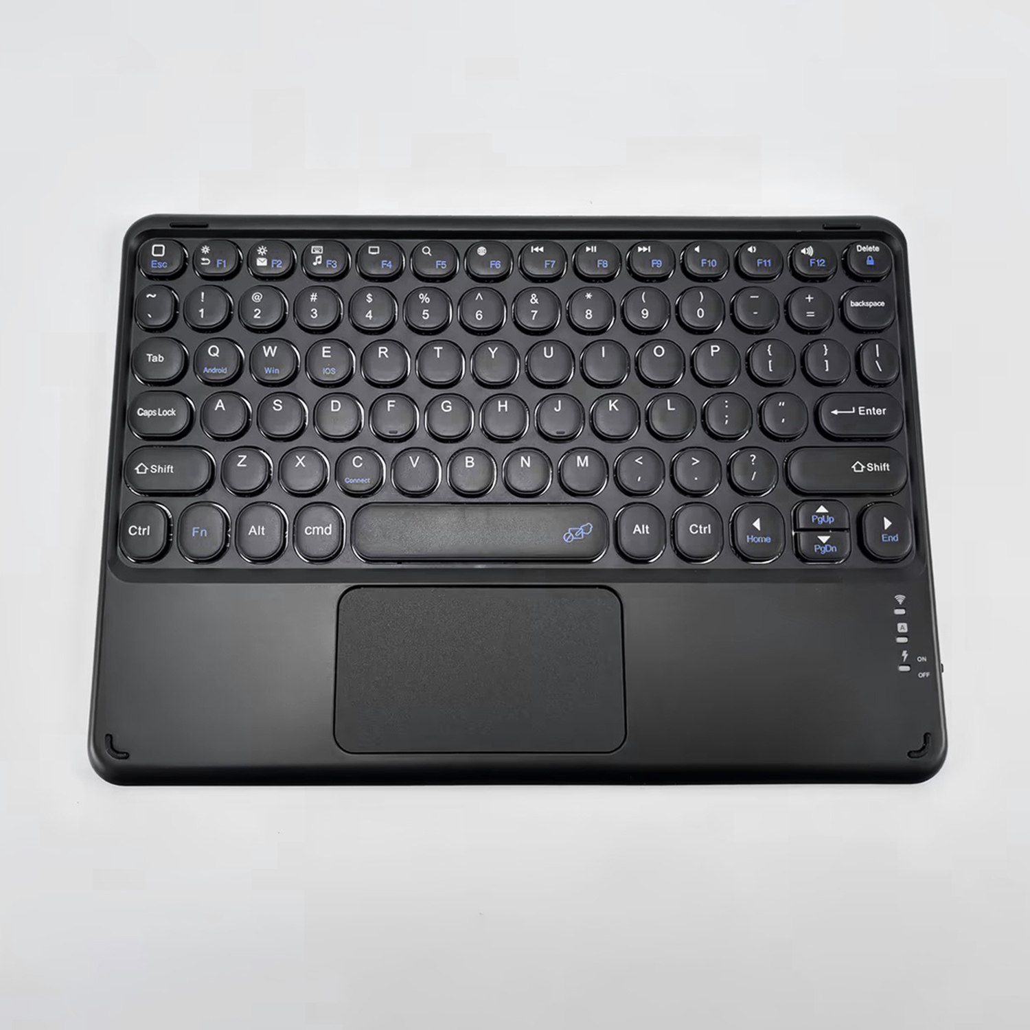 A black Bluetooth keyboard with a touchpad and QWERTY layout.