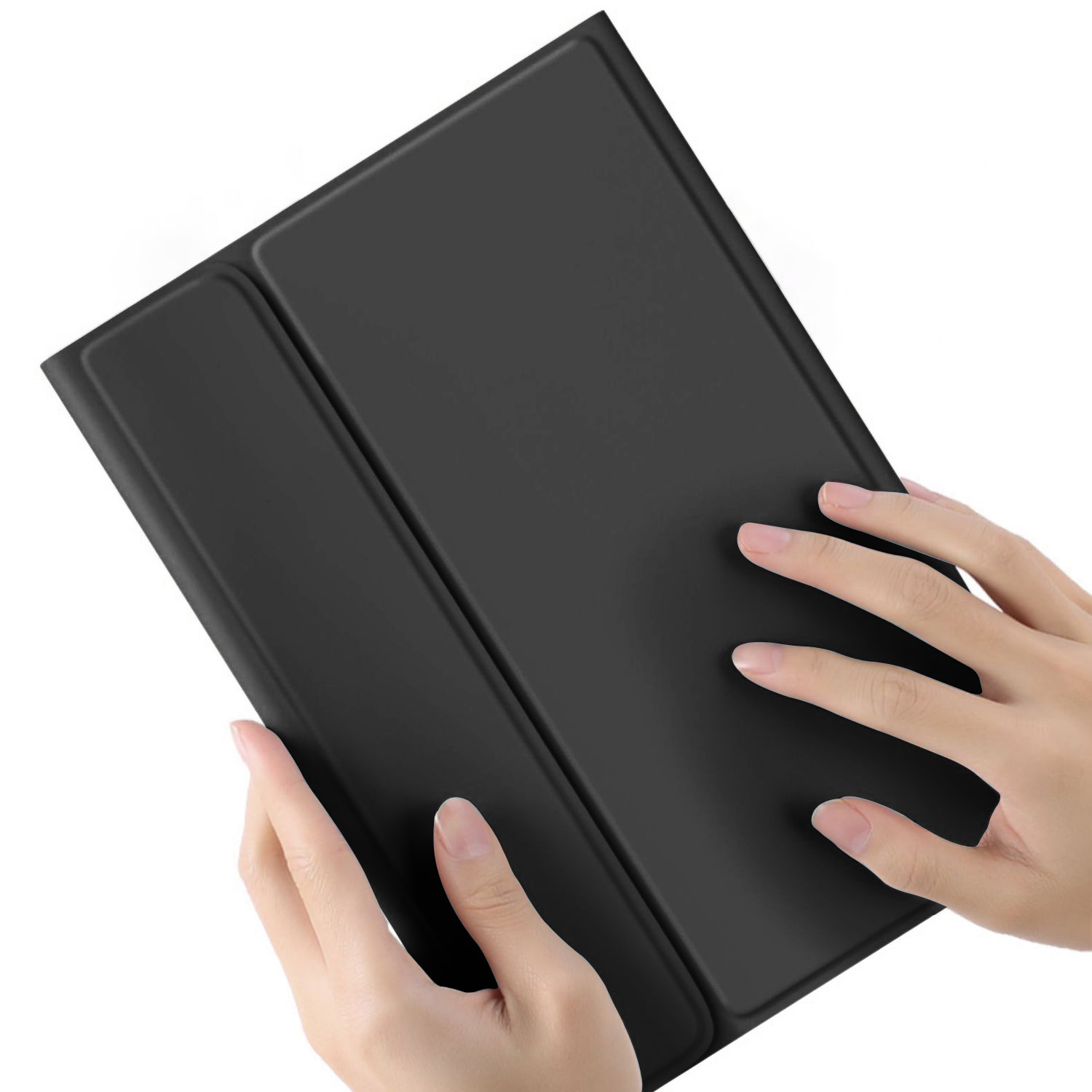 Black tablet case held by hands, white background.