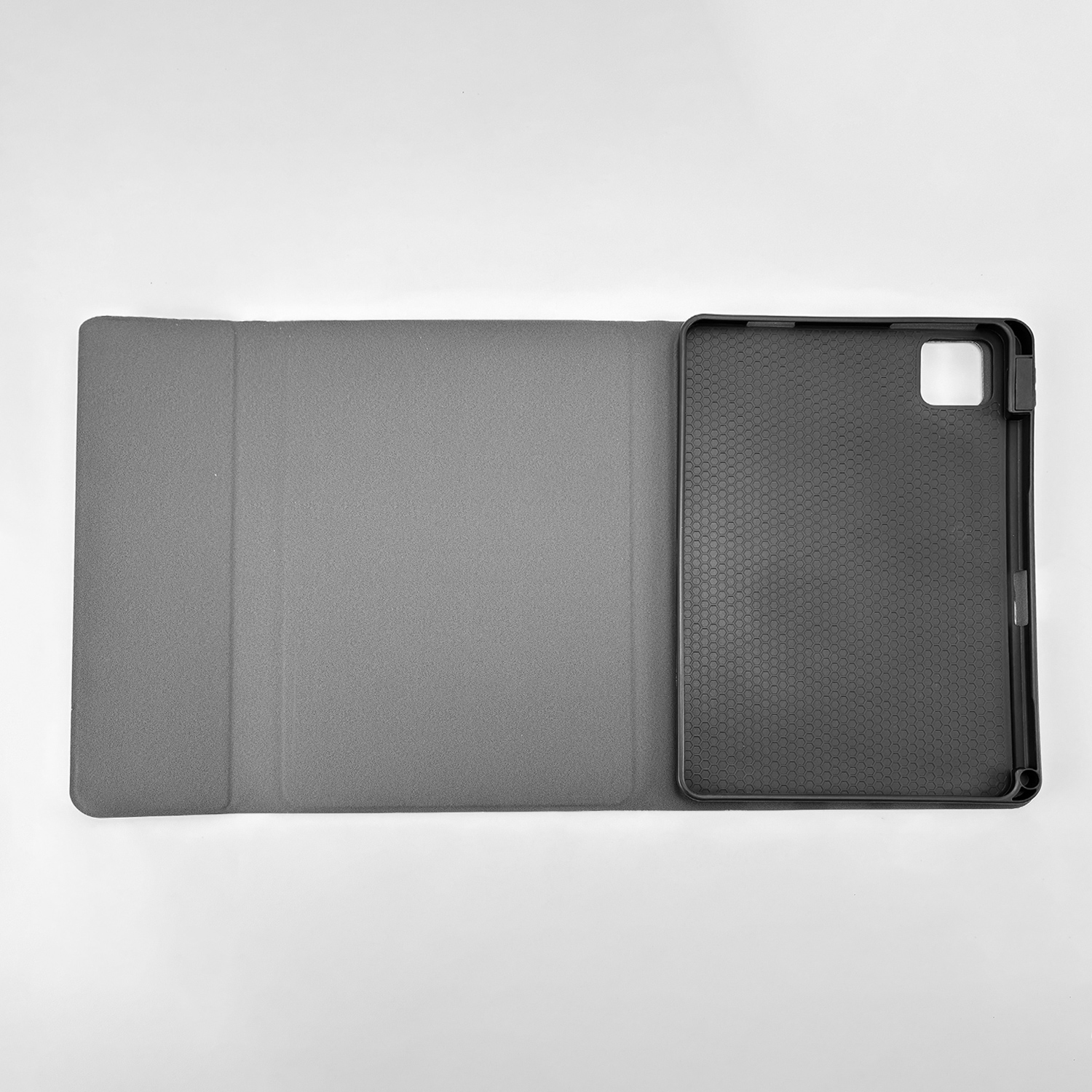Gray tablet case open, showing inner textured back and cover.