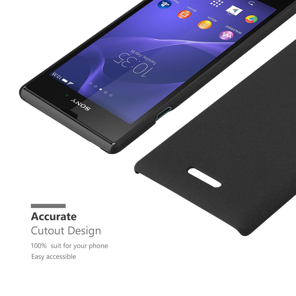 Schwarze Handyhülle neben einem Sony Smartphone mit Uhrzeit und Datum.