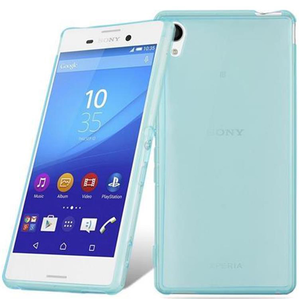 Zwei hellblaue Sony Smartphones mit durchsichtiger Hülle, eines zeigt den Bildschirm.
