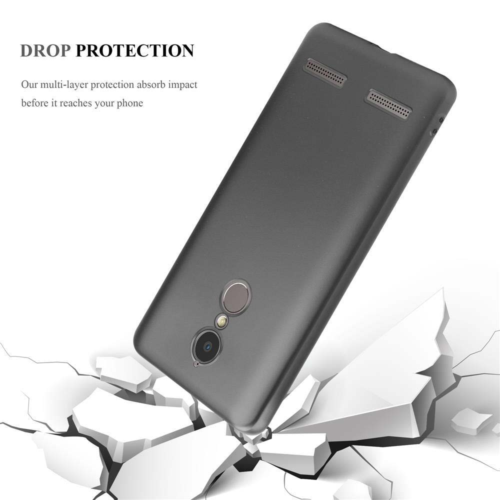 Cover grigia per telefono rompe pavimento bianco, mostra protezione.