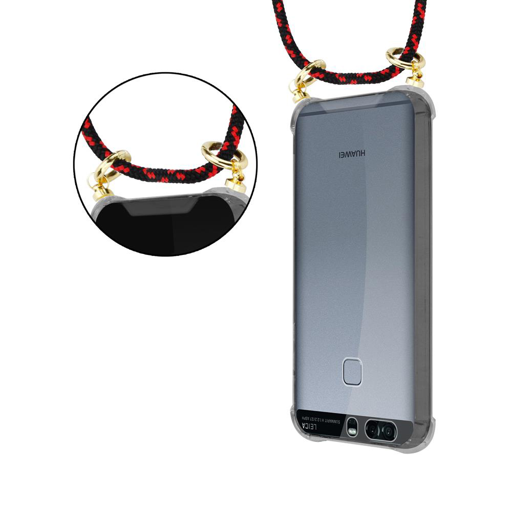 Ein Huawei-Smartphone in einer durchsichtigen Hülle mit einem roten und schwarzen Lanyard.