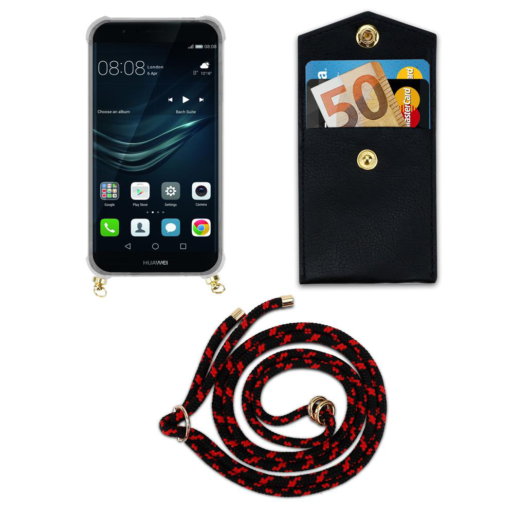 Huawei Smartphone mit schwarzer Brieftasche, Karten und Lanyard.