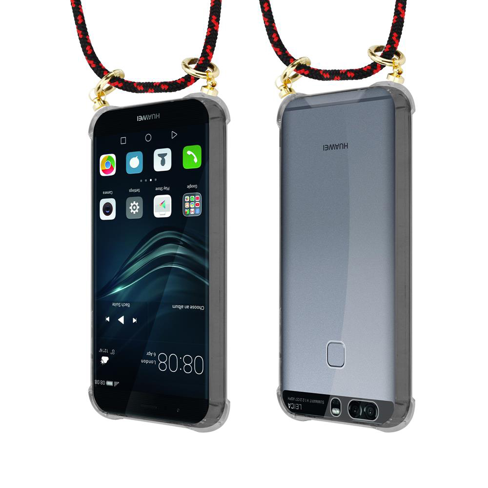 Zwei Huawei-Smartphones mit Lanyard: Vorder- und Rückseite.