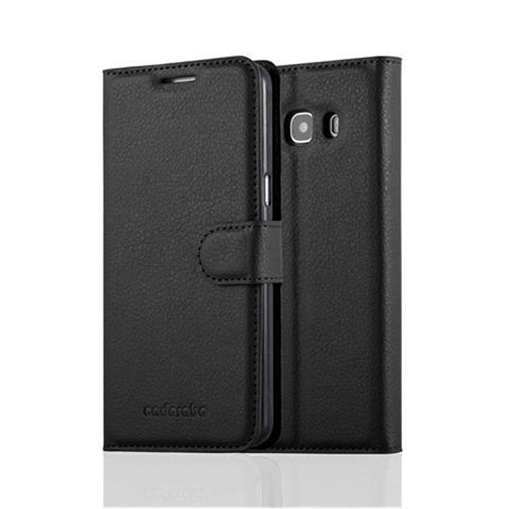 Custodia a libro in pelle nera per smartphone con chiusura a scatto.