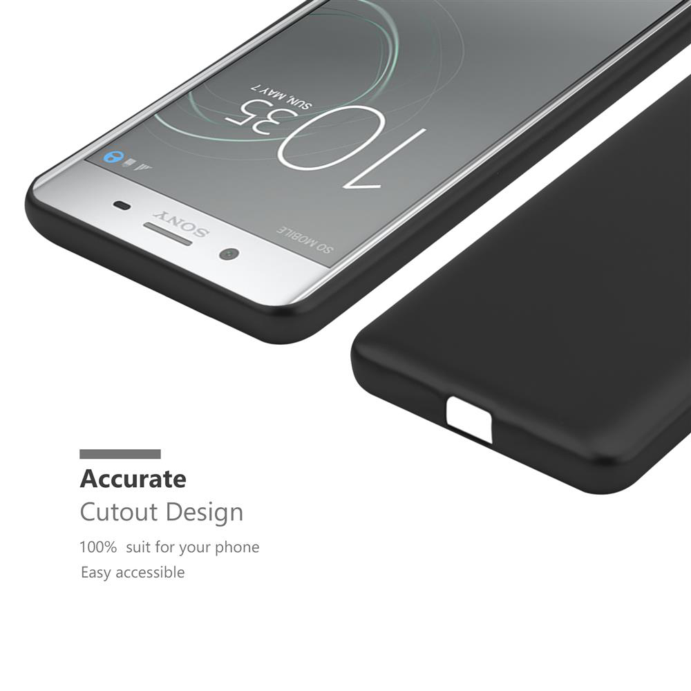 Una custodia nera per telefono accanto a uno smartphone Sony che mostra l'ora.