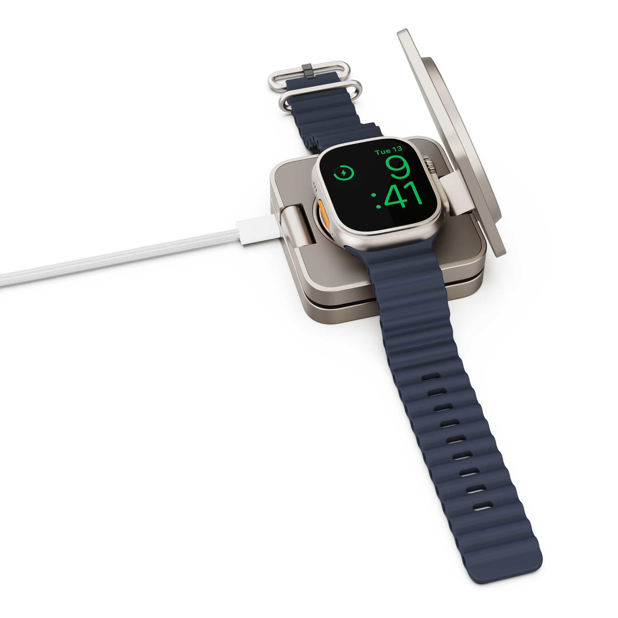 Uno smartwatch con cinturino blu si carica su una base.