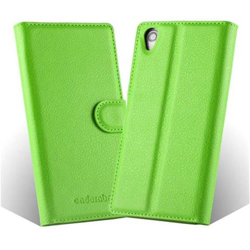 Custodia a libro in pelle verde con supporto e ritaglio fotocamera.