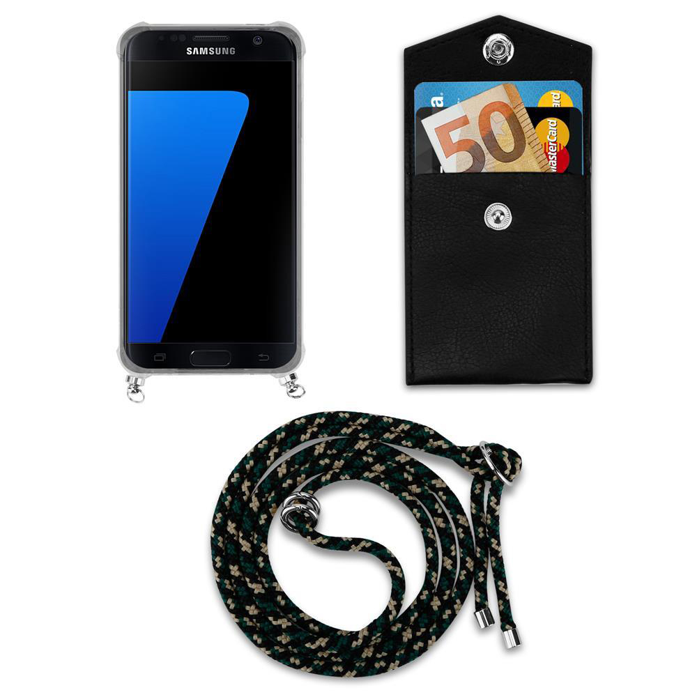Smartphone nero con cordino, porta carte con banconota da 50 euro.