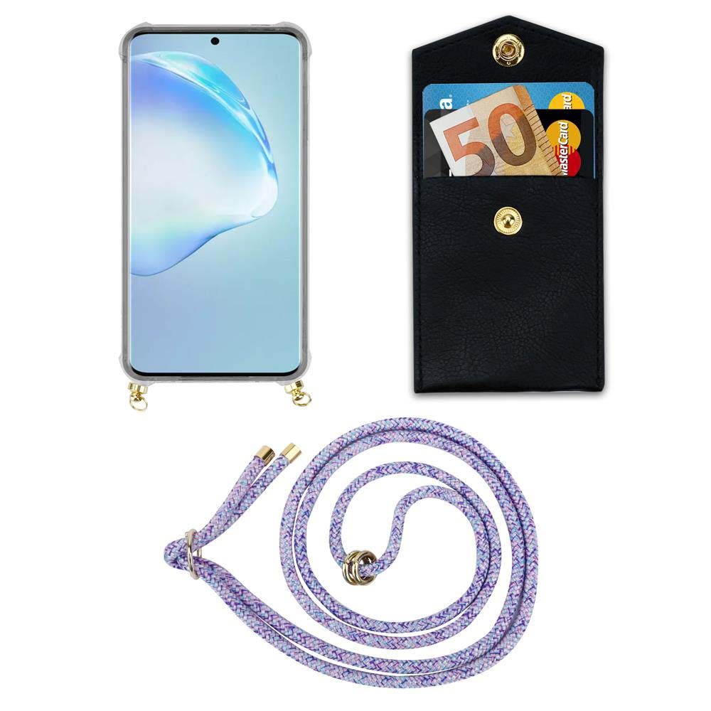 Custodia per telefono, portafoglio con soldi e carte, e cordino viola su bianco.