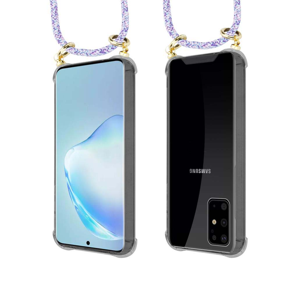 Uno smartphone in custodia trasparente con laccetto, viste frontale e retro.