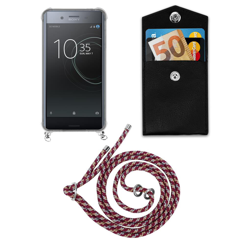 Uno smartphone, un portafoglio nero con soldi e carte, e un cordino.