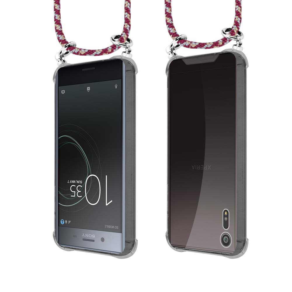 Due smartphone Sony Xperia in custodie trasparenti con lacci.
