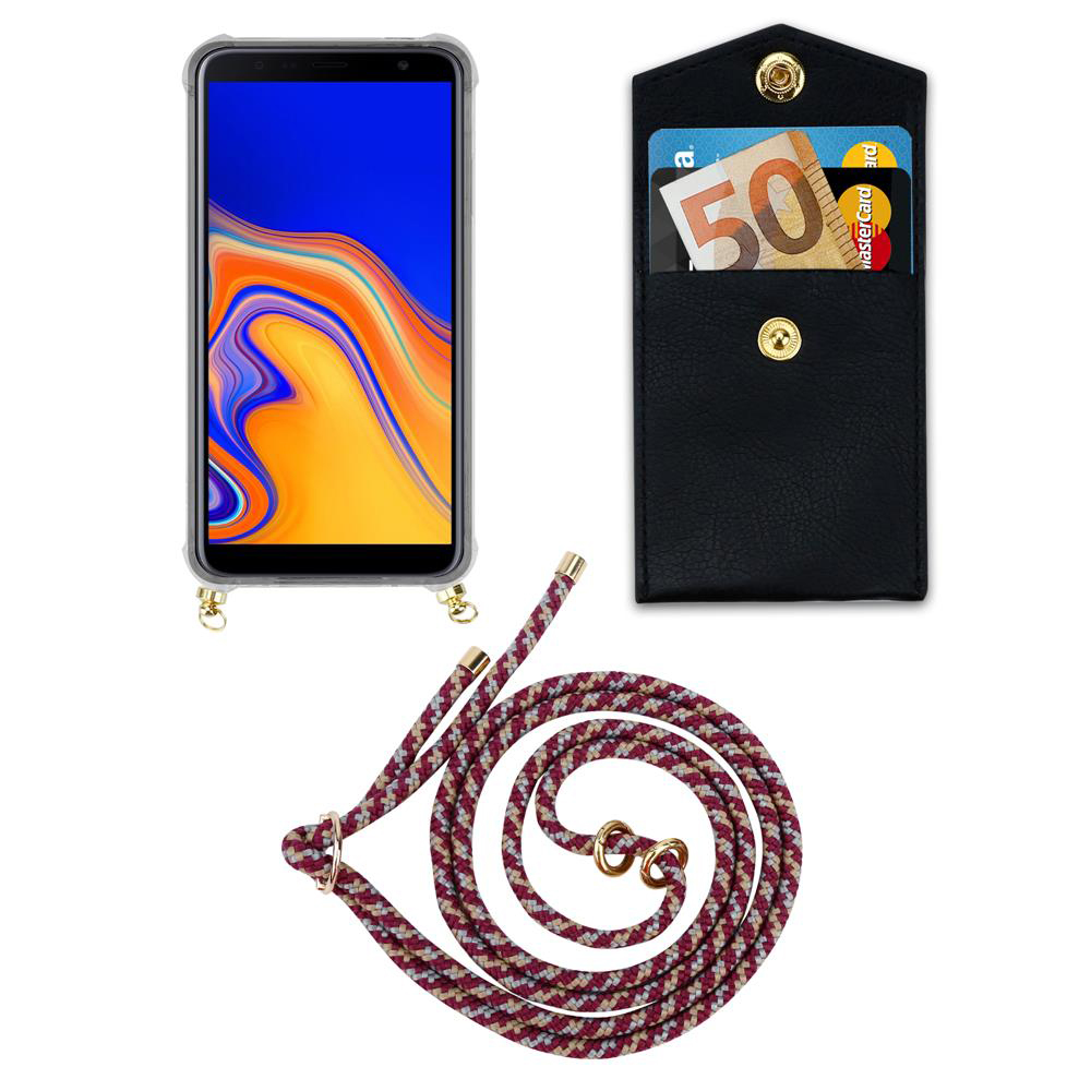 Smartphone con custodia, portafoglio con soldi e carte, e cordino.