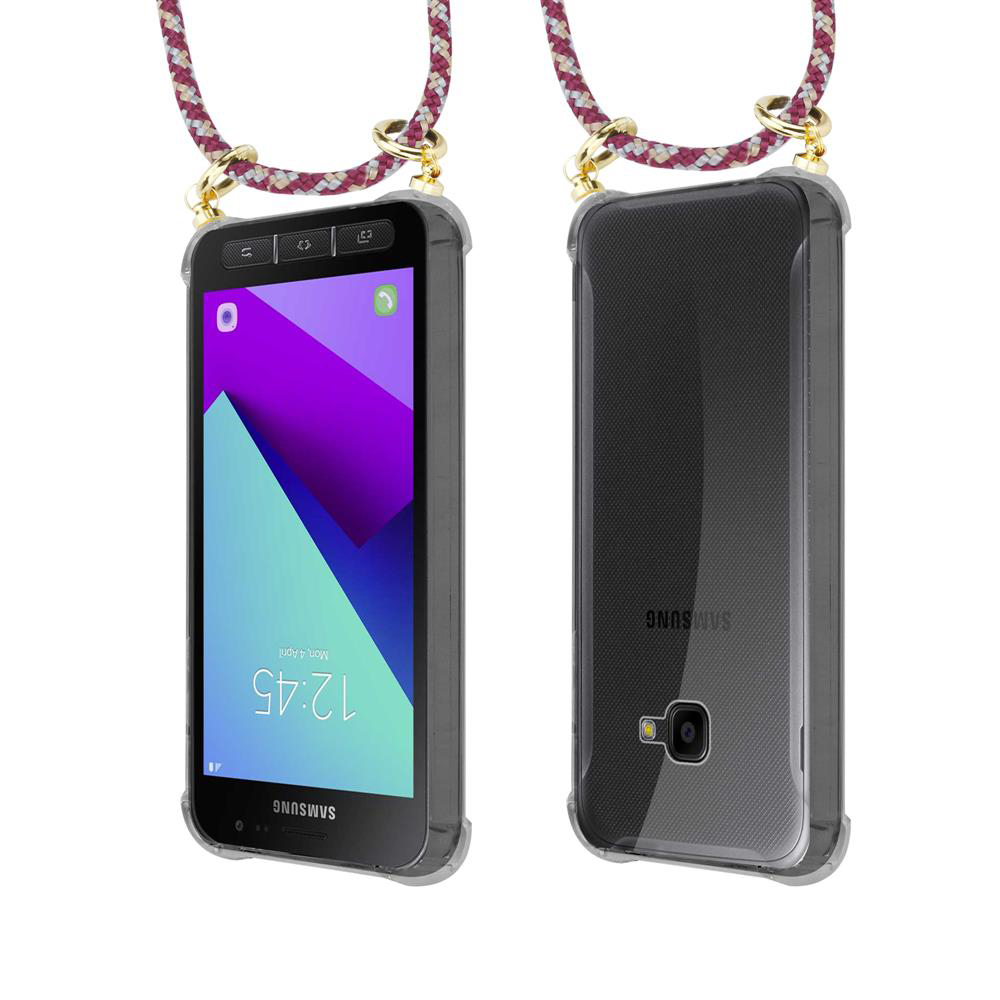 Uno smartphone Samsung in custodia trasparente con laccetto, viste frontale e posteriore.