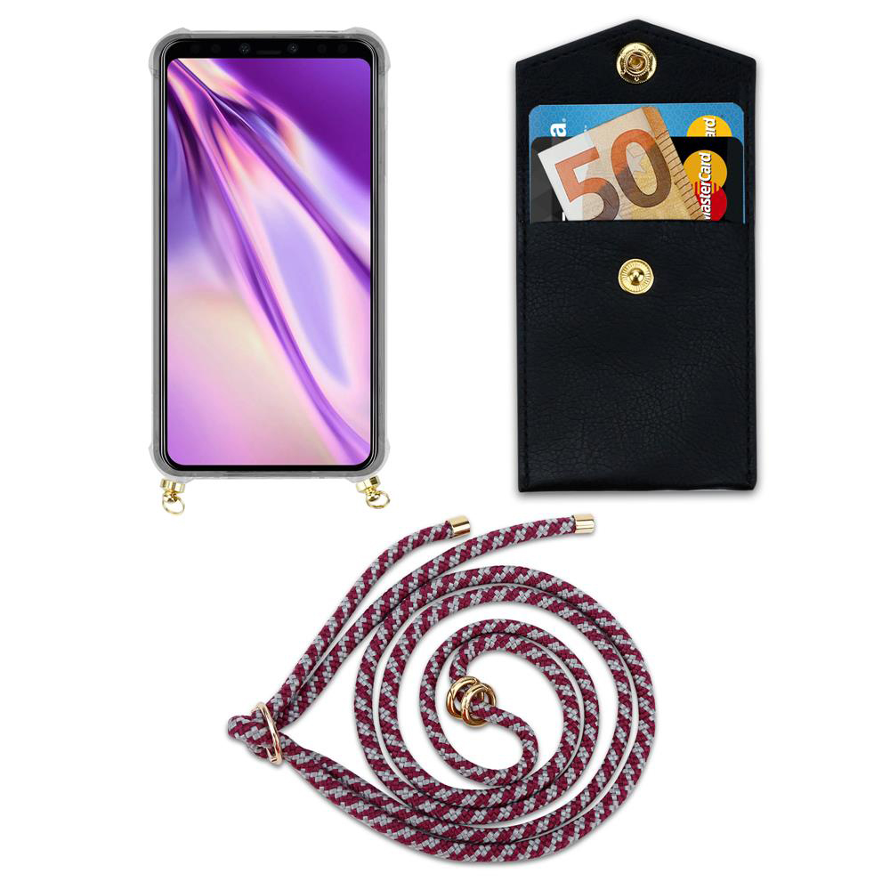Smartphone mit transparentem Case, schwarze Kartenhaltertasche mit Geld und Karten, Kordel.