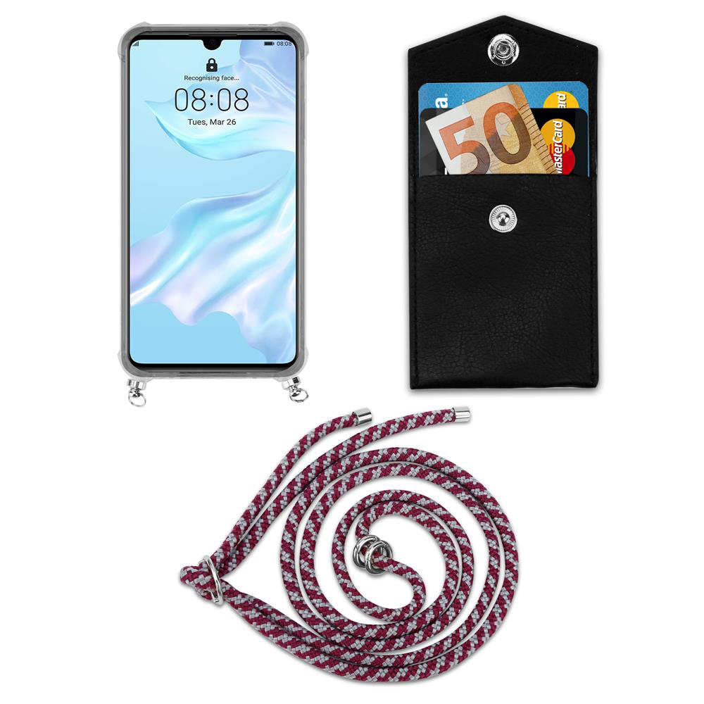 Uno smartphone, un portafoglio con una banconota da 50 euro e un cordino.