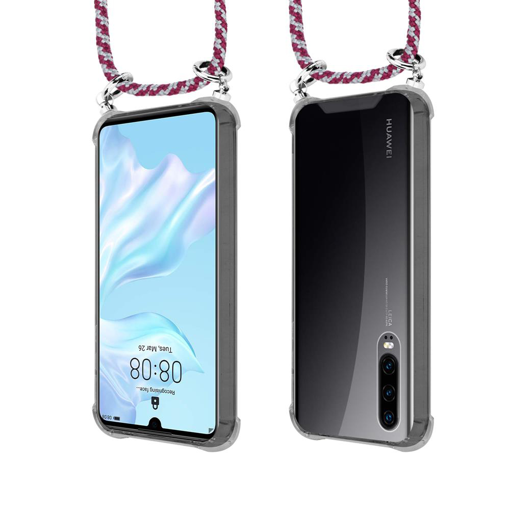 Due smartphone Huawei con laccetti, uno mostra lo schermo, l'altro le triple fotocamere.