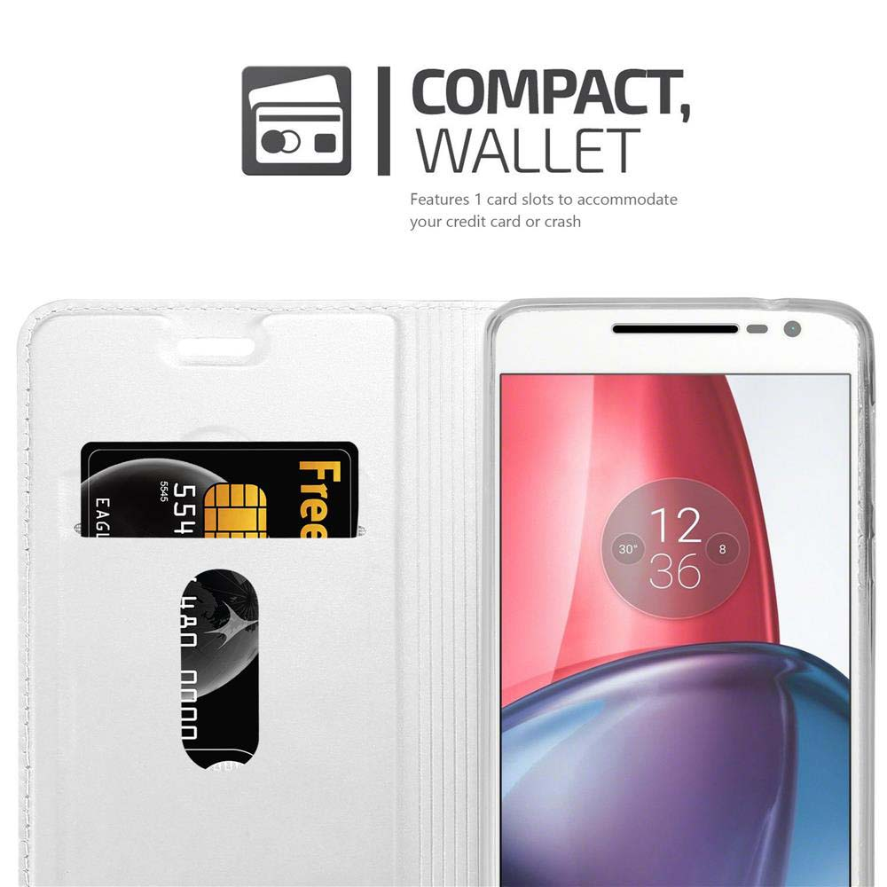 Una funda tipo cartera blanca con una tarjeta y un smartphone. El texto dice 'Compacta, Cartera'.