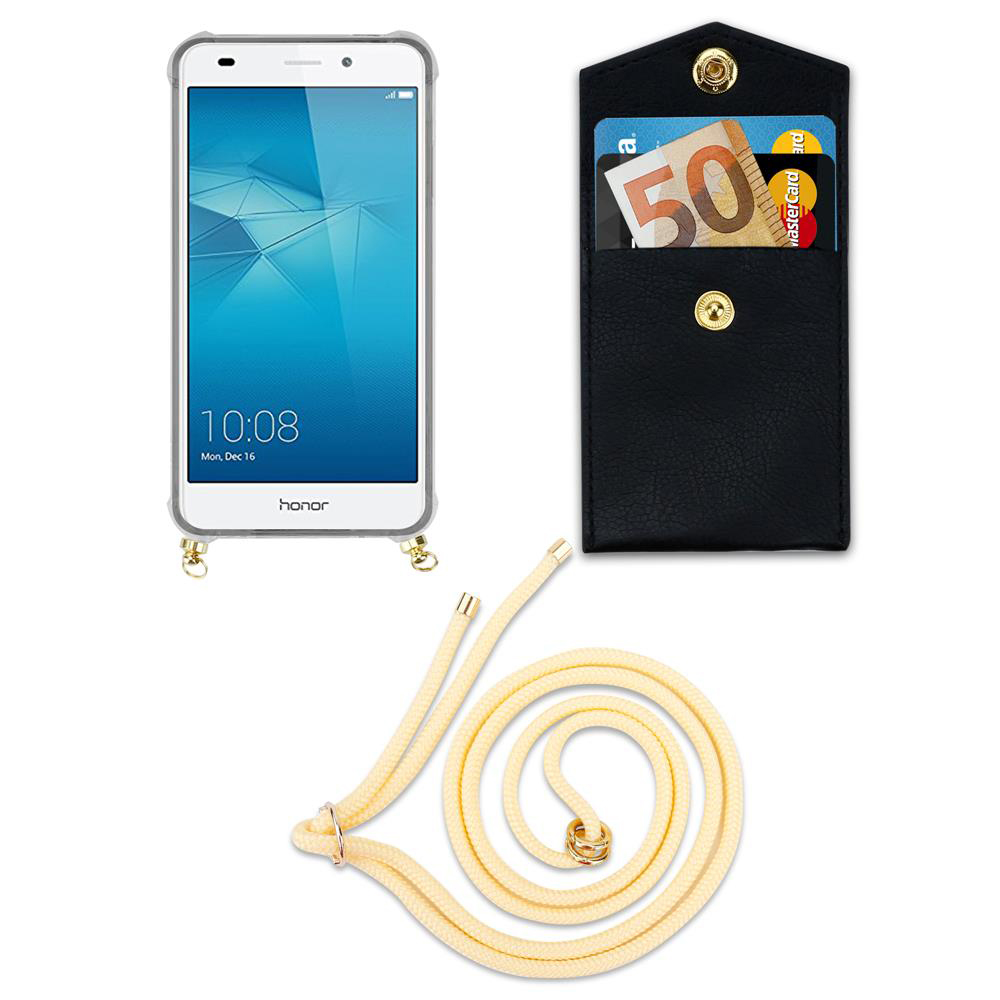 Ein Honor-Smartphone mit Hülle, schwarzes Portemonnaie mit Geld und Karten, Schnur.