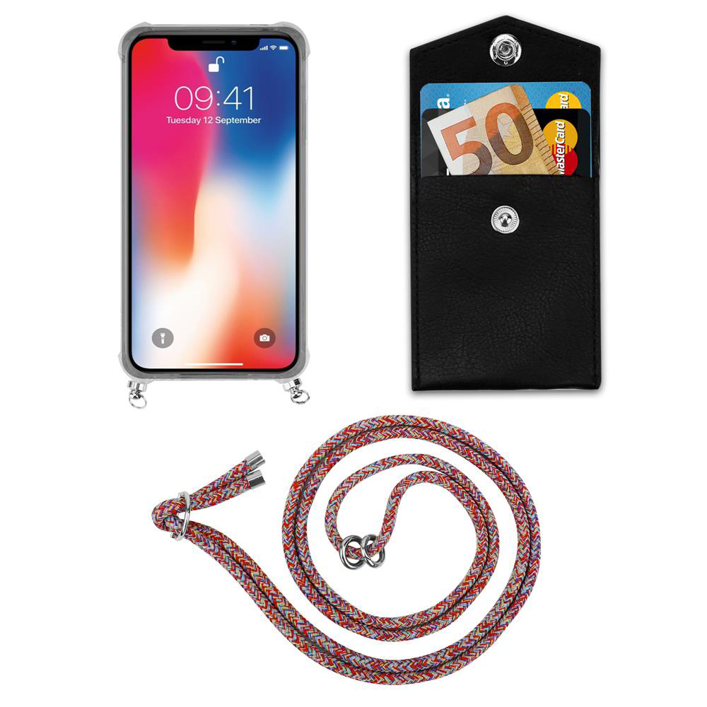 Ein Smartphone mit Sperrbildschirm, eine schwarze Brieftasche mit Geld und Karte, und eine bunte Kordel.