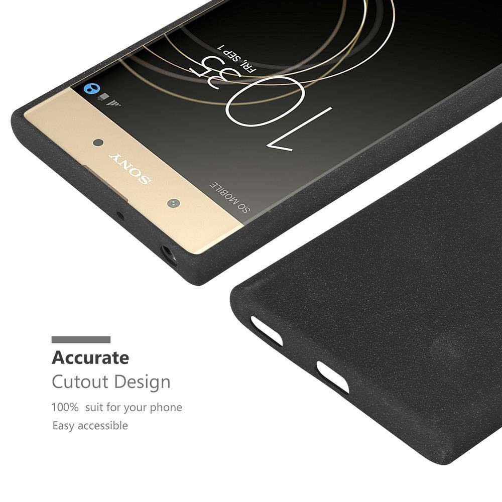 Custodia nera accanto a un telefono Sony dorato che mostra le 10:35.