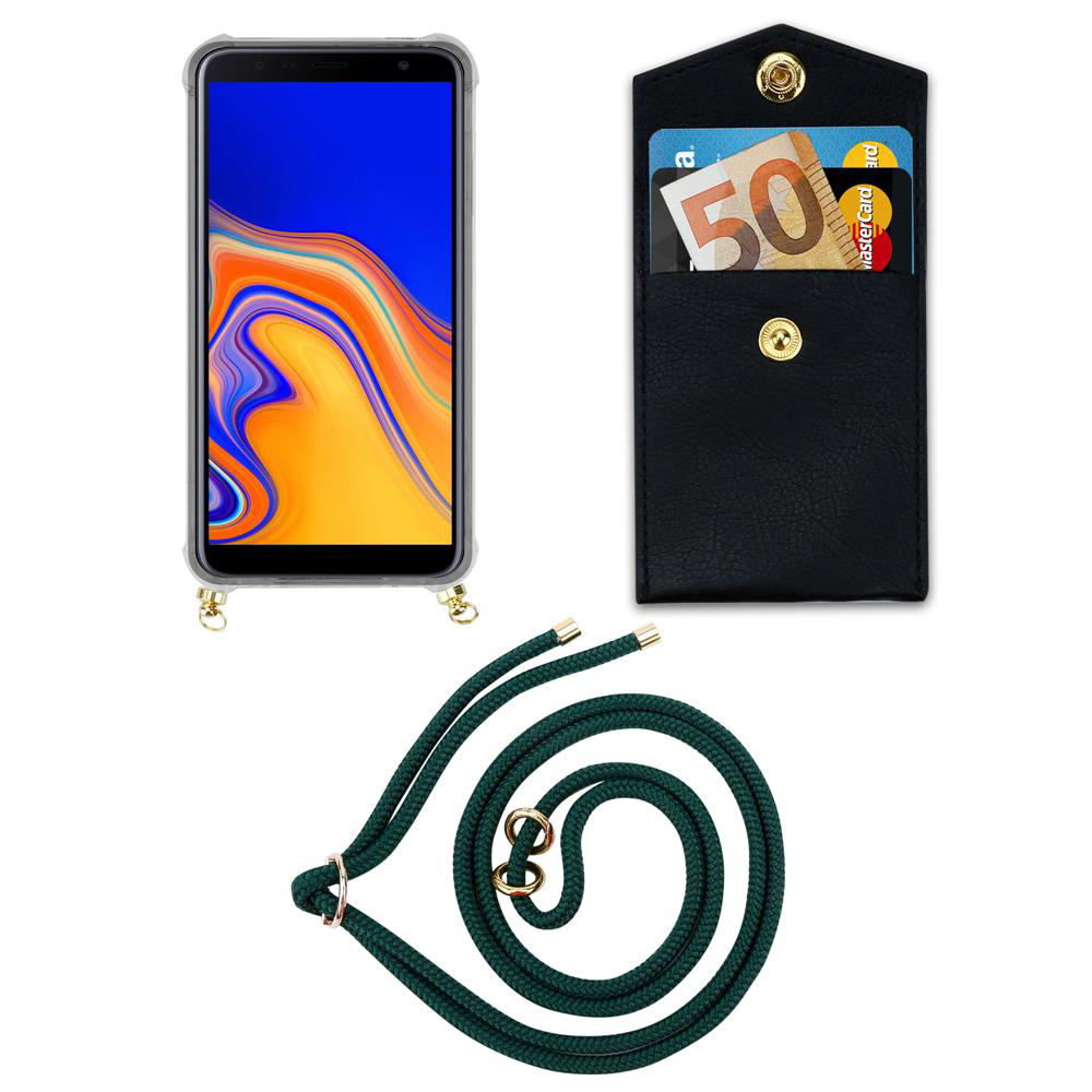 Uno smartphone in custodia, un portafoglio nero con soldi e carte, e un cordino verde.