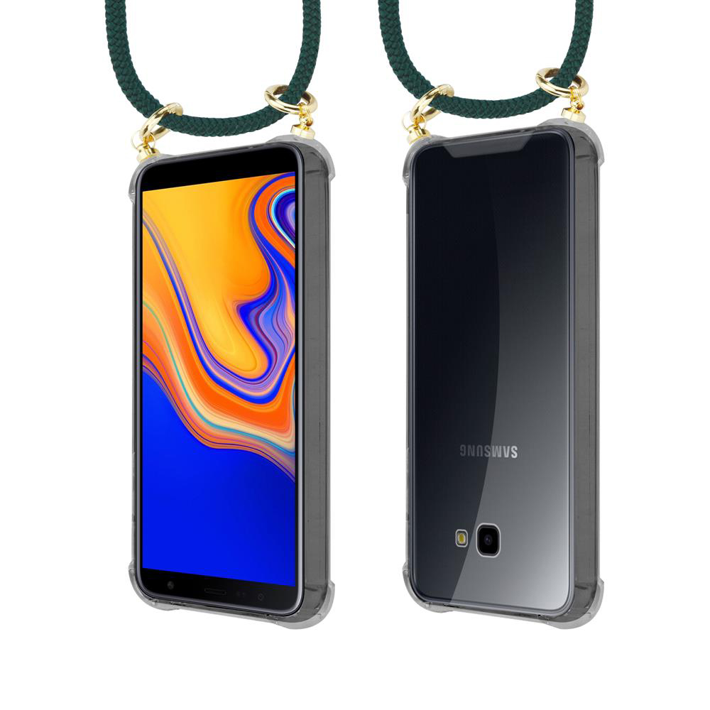 Smartphone in custodia con laccetto verde, vista frontale e posteriore.