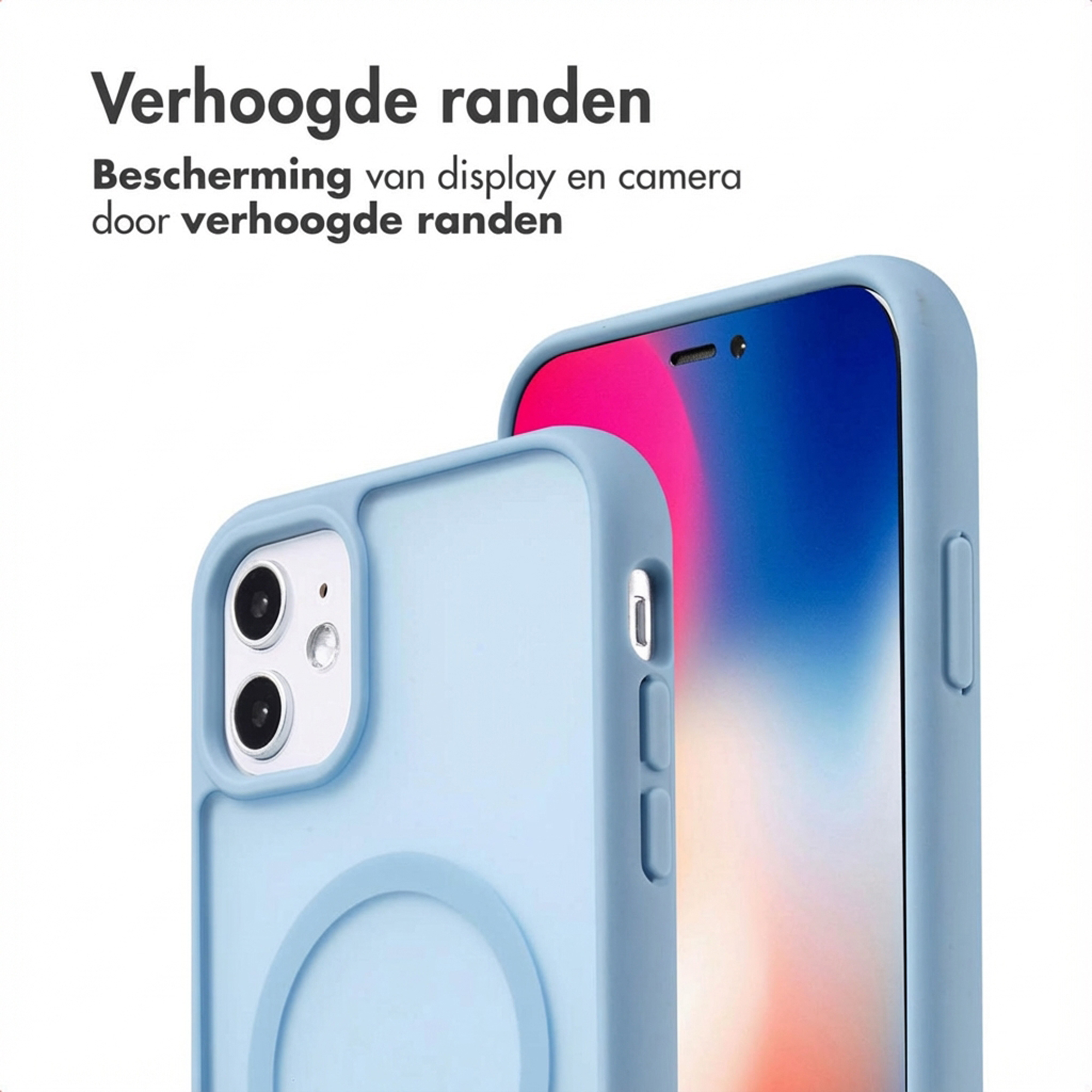 Une coque d'iPhone bleu clair avec des bords surélevés protégeant l'appareil photo et l'écran.