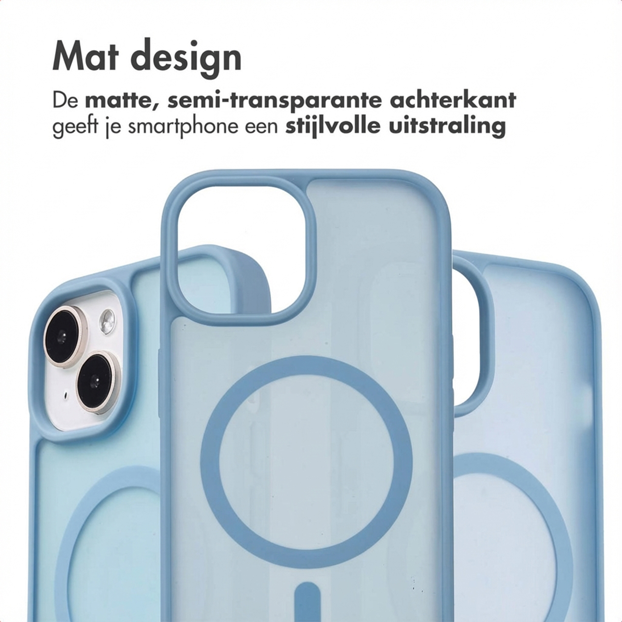 Blue phone cases with a matte, semi-transparent design. Close-up.