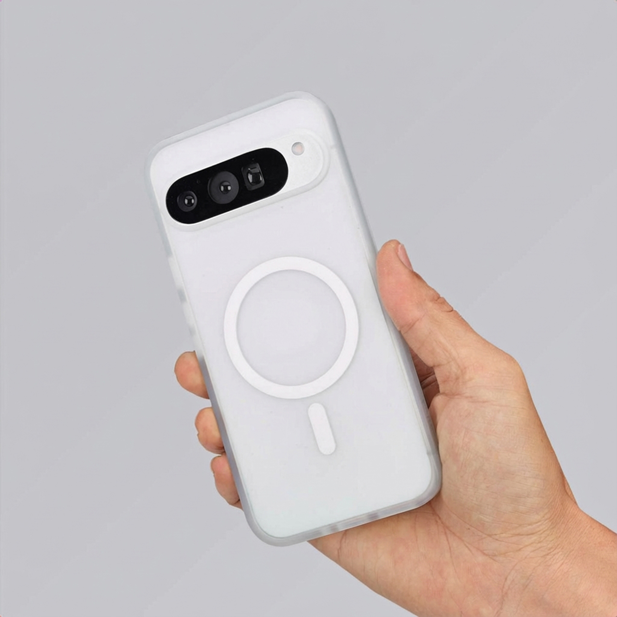 Een hand houdt een witte smartphone in een doorzichtige hoes vast. De camera zit linksboven.