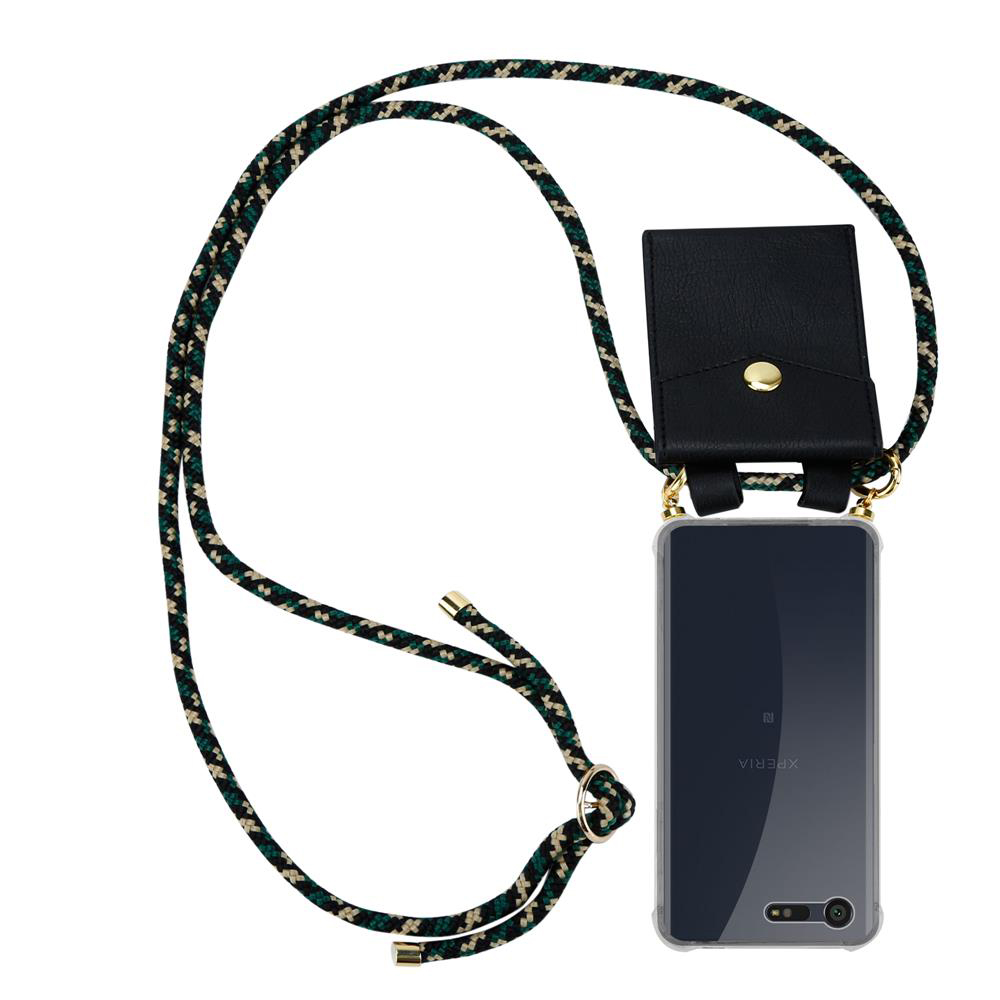 Funda negra para móvil con correa de cuello, cordón verde-beige, cierre dorado.